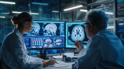 Poster - Multiethnic Man and Woman Working On Brain Tumor Solutions In Futuristic Laboratory. Computer-powered VFX Hologram Of Human Brain And Nervous System.