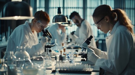 Poster - young scientists in white coats in a university's modern science research laboratory using microscop