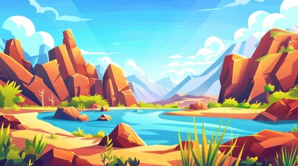 Wall Mural - A sunny summer day landscape with pond near hills, green grass and bushes on the banks, and blue sky with clouds above a river or lake at the foot of rocky mountains.