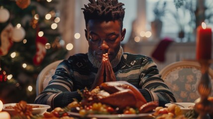 Wall Mural - The picture shows a young black man blessing Christmas meals with his family and friends before eating a turkey dinner.