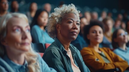 Poster - adults of different ethnicities sitting in an auditorium, attending an educational seminar to improv