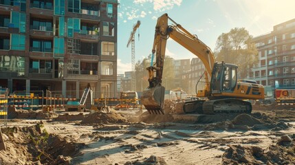 The construction site where a new apartment block is being built is hot and sunny. Workers are operating heavy machinery to complete the project.