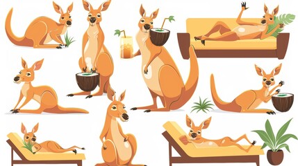 Wall Mural - Kangaroo animals set isolated on white background. Modern cartoon illustration of funny australian animal leaping, lying on chaise lounge, drinking coconut cocktail, eating leaves, waving hands.