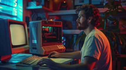 Poster - caucasian male software engineer programming on old desktop computer in retro garage in the evening.