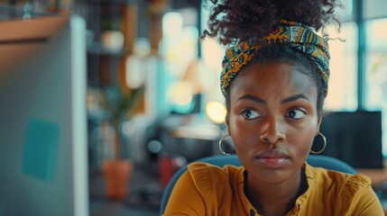 stylish young black woman looking at camera while working on computer in creative office. female dev
