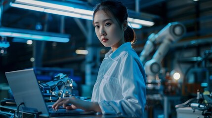 Poster - A female Asian engineer studies and develops new technologies at a modern automated factory where robotic arms are used to produce electronic products in a modern factory facilities.