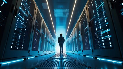 Poster - A shot of an IT engineer walking through the data center corridor with rows of rack servers can be seen in the following image.