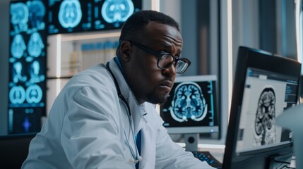 The black neuroscientist uses a desktop computer to analyze MRI scans of the brain in a medical research center lab. The black doctor examines CT scans of a patient's brain in an attempt to find a