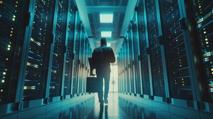 Poster - An engineer pushes a crash cart containing laptops, hard drives, and hardware through a data center.