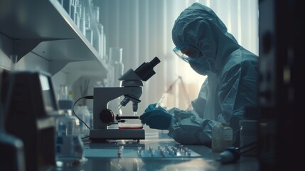 Poster - Biologists adjust samples in a Petri dish with pincers and examine them under a microscope in a high-security laboratory. Scientists wear coveralls.