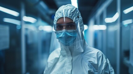 Poster - in a cold environment, a virology researcher wears a hazmat suit with a mask and smiles. she is in a