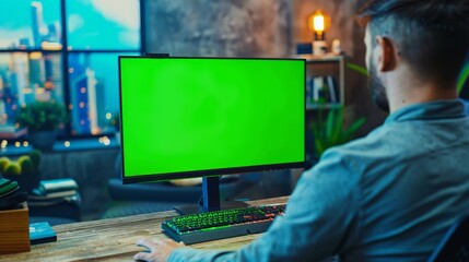 Poster - Computer with mock-up green screen monitor on office desk, man working in the creative office in the background.