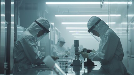 Poster - Two engineers in sterile cleanroom suits control manufacturing machinery, use microscopes for component adjustment and research, and work in a factory.