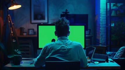 Poster - An Office Employee works on a mock-up green screen computer on the desk. Over the shoulder footage. His colleague works in the background. A creative office evening.