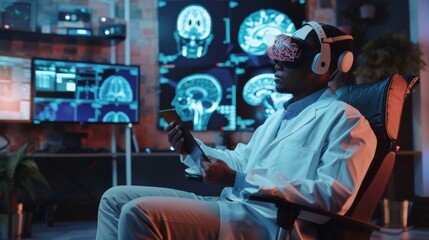 Canvas Print - The modern brain study laboratory displays EEG and brain models on monitors while a man wears a brainwave scanning headset.