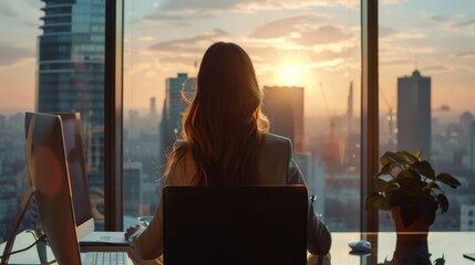 Poster - The image shows a beautiful businesswoman taking place at her working desk with a cityscape window view. She wears formal clothes and works on her laptop.