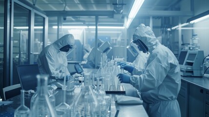 Poster - Researchers put on protective coveralls and operate machines, use computers and microscopes, and do pharmaceutics, biotechnology, and semiconductor research in a high precision manufacturing