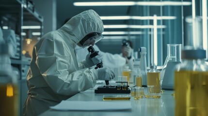 Wall Mural - Worker in a modern manufacturing plant constructing semiconductors and pharmaceuticals wearing protective clothing. A scientist in protective clothing performs research, uses a microscope, and
