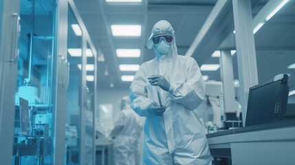 Poster - An industrial 3D printer is set up and programed by a team of scientists wearing sterile protective coveralls in a manufacturing facility. Semiconductors are being manufactured under high precision