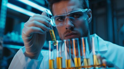 Poster - close-up shot of a male researcher holding a tray of test tubes containing samples. in the backgroun