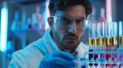 Poster - research scientist stands in lab holding a tray of test tubes filled with samples. in the background
