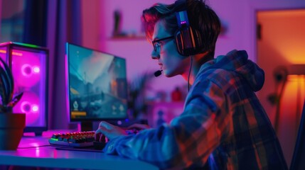 Wall Mural - Video gamer wearing a headset with a mic playing a shooter online game on his personal computer. His room and PC are lit by neon lights.