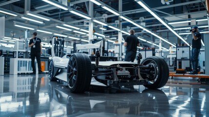 Poster - Automobile Design Engineers Enter Automotive Innovation Facility to Work on Electric Car Platform Chassis Prototypes Including Wheels, Suspension, Hybrid Engine, and Battery