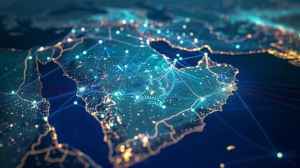 Wall Mural - Depicting an abstract map of Saudi Arabia, Middle East, and North Africa, this concept emphasizes global network connectivity, data transfer, and cyber technology, facilitating robust