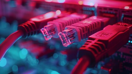 Poster - Telecommunications: RJ45 Device Connectors plugged into modem hubs. Macro shot of Ethernet cables connected to router ports.