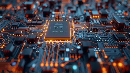 Poster - An electronic device is assembled with microchips, CPU processors, and transistors. The electronic device is an electronic device that is part of a supercomputer.