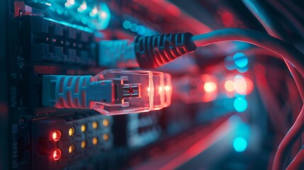 Poster - Using a macro lens, check out the Ethernet cables connected to router ports. Telecommunications connectors are plugged into modem hubs with RJ45 connectors.