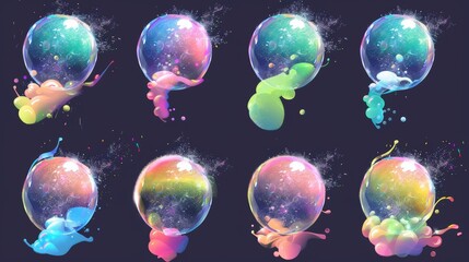 Poster - Stages of bursting soap bubbles, realistic transparent air spheres with reflections and highlights deform and explode in the wind, modern illustrations isolated on white background