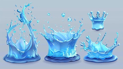 Poster - Aqua liquid in shape of a crown and dynamic motion elements with spray droplets side view isolated on transparent background, hydration ad. Realistic 3D modern Illustration, clip art.