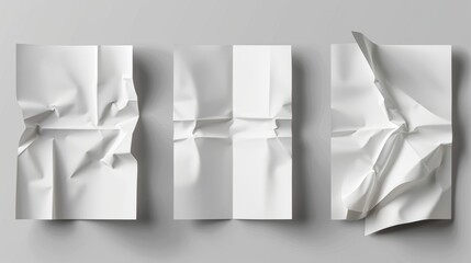 Poster - An empty wrinkled leaflet, flyer, or document page with folds isolated on gray background. Modern realistic mockup of folded blank posters and white paper.