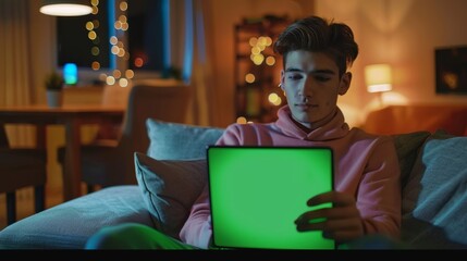 Poster - Over the Shoulder Shot of a Young Man at Home Working on a Laptop Computer with a Green Mock-up Screen while Holding a Smartphone with Chroma Key Display. He is seated on a couch in his comfy living