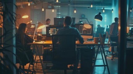 Poster - the scene shows a busy office. people work on computers, draw outline diagrams on the wall, and disc