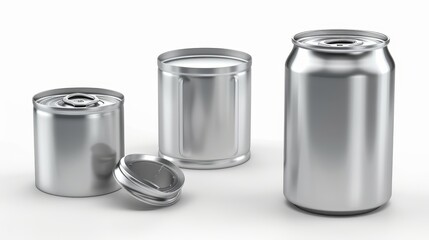 This realistic 3d modern mock-up shows a tin can with an open key on the front and an angle view of a blank cylinder metal jar with a pull ring on the lid.