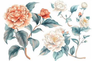 Wall Mural - A set of floral elements with camellias, peonies and magnolia leaves in pastel colors on an isolated background. Vintage style vector illustration.