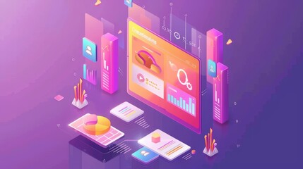 Poster - In the 3D Modern format, there is a banner with the CRM logo. Marketing strategies and technologies for managing and developing client interactions are displayed on the device screen with graphs.