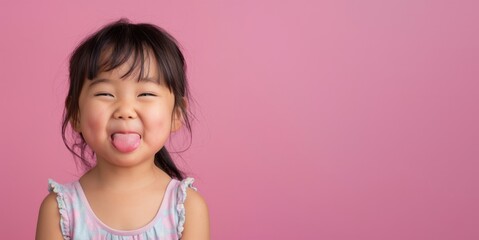 Wall Mural - headshot portrait of playful female child tilted her head and shows her tongue standing over a pink isolated background