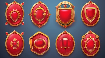 Poster - Cartoon set of round icons in medieval style with gold borders, circle award labels isolated on white background with red game buttons and achievement badges.