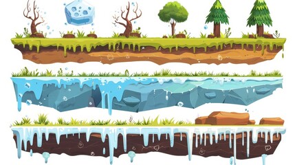 Wall Mural - An isolated white background with a seamless set of game ground textures of summer landscapes, ice and deserts. Modern cartoon level platforms depicting soil, green grass, trees, frozen land and