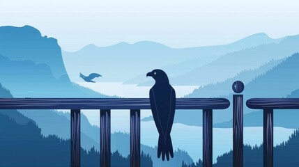 Wall Mural - Wild bird predator on beautiful nature rocky background with black eagle, falcon, crow or hawk sitting on wooden railings of outdoor terrace. Cartoon modern illustration with mountain picturesque