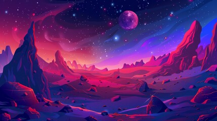 Wall Mural - Modern illustration of a fantastic alien planet with red rocky surfaces and many stars on the horizon. Background for cosmic adventure game. Galaxy exploration.