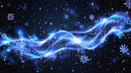 Poster - An abstract neon blue curve with snowflakes and shimmering dust. A winter blizzard, fresh air flow, and a magic holiday atmosphere. A realistic modern illustration on a transparent background.