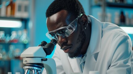 Poster - portrait of a black male scientist studying the sample under a microscope. researchers do research i