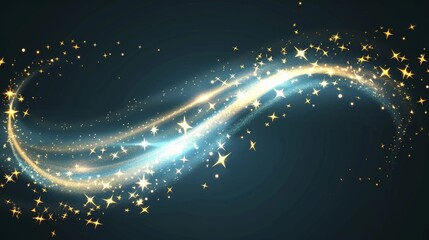 Poster - Light effect with golden stars floating on blue sky. Glow swirl trail with stars isolated on transparent background. Realistic 3D modern illustration.
