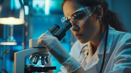 Poster - an advanced scientific laboratory for medicine and microbiology development with portrait of a femal