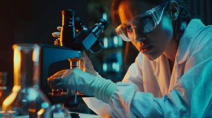 Poster - an advanced medical lab for medicine and microbiology development. female scientist examining bioche