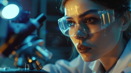 Poster - photograph of a beautiful female scientist looking under a microscope at samples in a medical resear